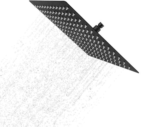YKUKIZEE 12 inch Black Square Rain Shower Head, 30 cm Fixed Rainfall Shower Head Large, 304 Stainless Steel Waterfall Shower Heads Overhead High Pressure for Bathroom