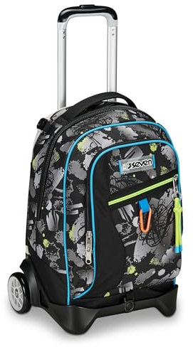 Seven Schultrolley Jack mit 2 Rollen, Schwarz Grau, Feeling Me, 3 in 1, Dreifachverwendung, Rucksack mit abnehmbarem Wagen, Tasche für Trinkflasche und Crossover System, Schulrucksack für Reisen,