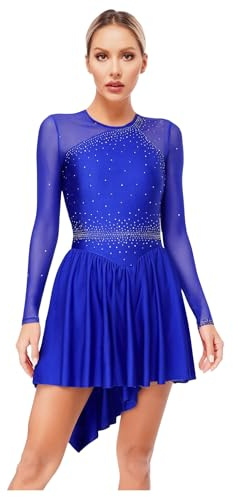 YiZYiF Damen Eiskunstlauf Kleid Langarm Glitzer Strass Tanzkleid Eislaufen Ballettkleid Trikot Moderne Tanzkleidung Blau_A M