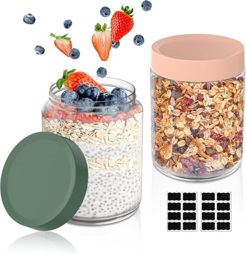 Yoassi Tarros de cristal con tapa de rosca de 500 ml, juego de 2 tarros para yogur, ensalada, cereales, mermelada, reutilizables, con tapa, como tarro de masón