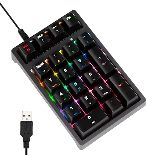 JPHTEK Number Pad, Mechanical USB Wired Numeric Keypad with Blue LED Backlit 21 Key Mini Numpad for Laptop Desktop Computer PC Black