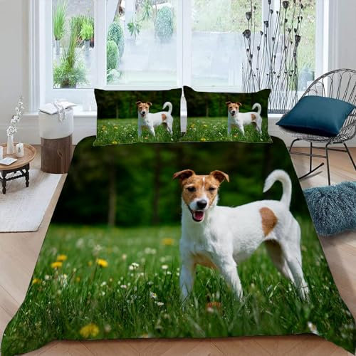 DILANI Bettwäsche 220x240 Jack Russell Terrier Bettwäsche-Set 3 Teilig 3D Druck Hund Tier Bettbezug Weich Mikrofaser Bettbezüge mit Reißverschluss und Kissenbezug 80x80cm für Erwachsene Kinder
