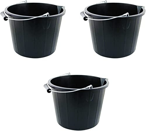 FotoStation Set of 3 - Plastic Builders Bucket 3 Gallon 14 Litre Water Mixing Storage Strong with Measuring Guide, Handle And Spout (Black)
