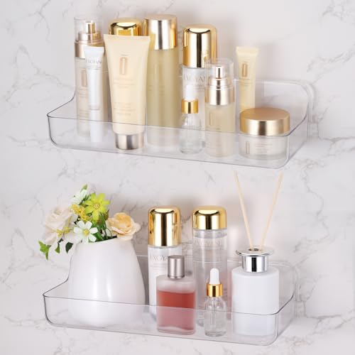 2Piezas Estanteria Baño Sin Taladro, Estante Ducha de Plástico Adhesivos, Estanteria Ducha Sin Taladro Transparente, Repisas para Baño , Pequeño Repisa Baño Adhesiva para Champú,32 x 11 x 8.5 CM