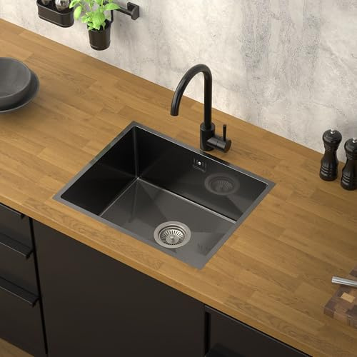 ML-Design Évier de Cuisine en Acier Inoxydable, 50x40 cm, Anthracite, avec Vidage et Trop-Plein, Bassin à Encastrer, Rectangulaire, 1 Bac Simple Petit avec Siphon, Lavabo Encastrable de Cuisine
