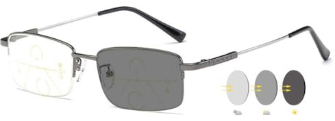 VEVESMUNDO Selbsttönende Lesebrille Blaulichtfilter Metall Halbrand Gleitsichtbrille Gleitsicht Sehhilfe Lesehilfe Brillen für Herren Damen (1 Stück Grau, 1.5)