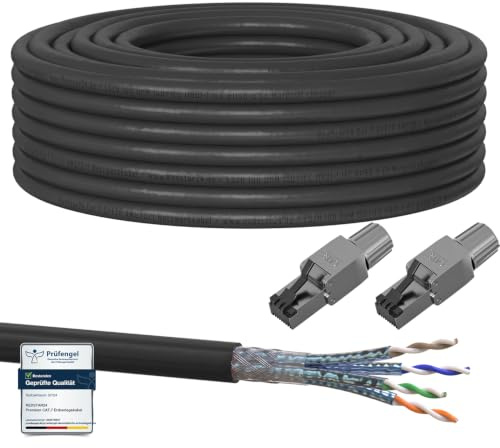20m Cat7 Erdkabel Verlegekabel + 2x RJ45 Stecker Werkzeuglos CAT 8 Outdoor Lan Kabel Installationskabel CAT 7 Ethernet Netzwerk 1000MHz Datenkabel AWG23/1 Netzwerkkabel für Außenbereich UV-beständig
