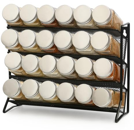 VIAV Design 1 Stück 4-stufiges Gewürzregal für Arbeitsplatte, freistehend – Gewürzregal für Innenschränke, wandmontierter Gewürzorganizer mit Gewürzgläsern für Küche und Vorratskammer (Schwarz