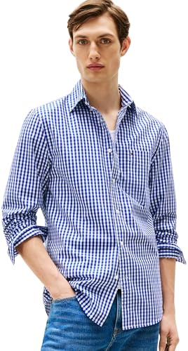 Tommy Hilfiger Men’s Poplin Gingham Cotton Shirt, Multicolor (Wedge Blue/Check), XL