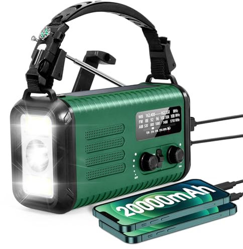 Radio meteorologica di emergenza, 20000 mAh, NOAA/AM/FM, radio a manovella con ricarica USB, alimentazione a batteria ricaricabile, allarme SOS, lampada da lettura a LED e torcia per emergenze, per