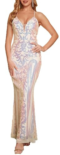 Angel-fashions Women's V Neck Muticolor Floral Sequin Lace Up Sheath Long Evening Dress Size 20 Multicoloured