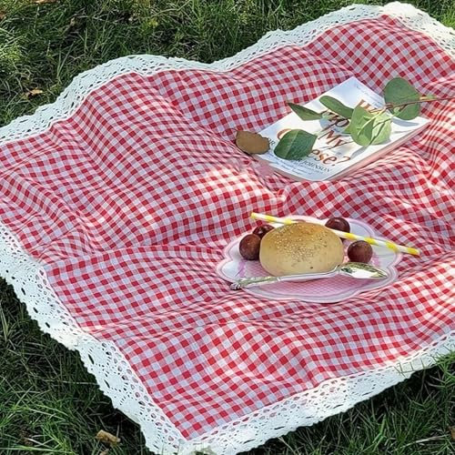 Manta de picnic a cuadros rojos impermeable para exteriores, borde de encaje grueso, portátil, a prueba de humedad, almohadilla de césped, playa, resistente a la arena, plegable, primavera, jardín