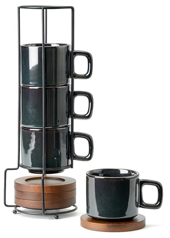 LUKA Porcelain Stackable Espresso Cups with Saucers and Metal Stand, 4 Ounce Small Ceramic Demitasse Cups Set for Latte, Specialty Coffee Drinks, Cafe Mocha,Tea - Set of 4, Reactive Dark Green