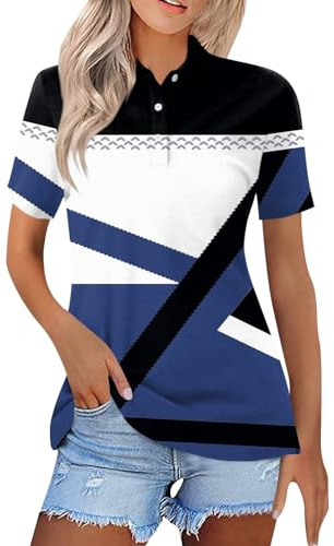 T-Shirts Et Tops De Sport Femme Mode Manches Courtes Polo Coupe Classique LéGer SéChage Bouton ImpriméS Hauts Basique Tennis Collier Rabattable Tops 01-Bleu foncé L