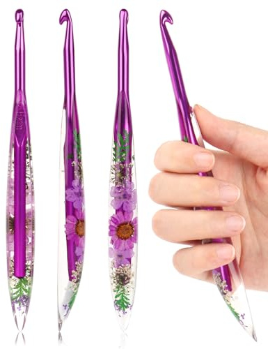 Coopay 6,5 mm virknål, glittrande blommönster, ergonomisk virkning i harts för artritiska händer, metallnål för handgjord stickning, avsmalnande virkning för nybörjare