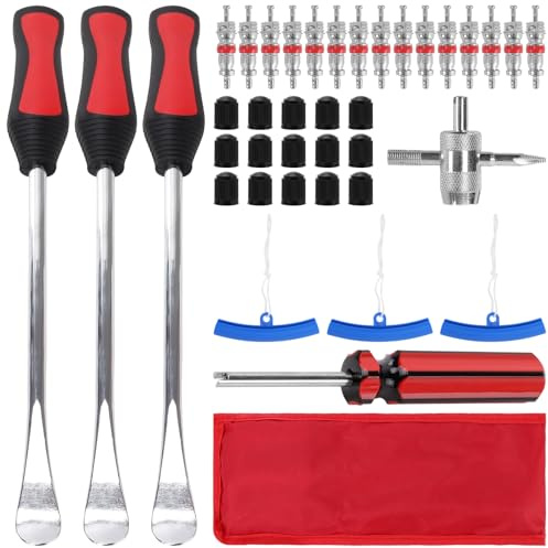 SINJEUN Juego de herramientas para montaje de neumáticos, 39 unidades, color negro y rojo, con 3 palancas de montaje, 15 tapas de válvula y fundas protectoras, elevador de neumáticos para moto