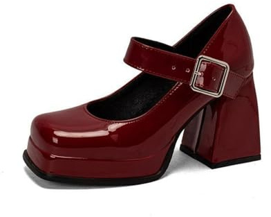 Donna Vernice Décolleté da Vestito Chiusa Punta Tonda Mary Jane con Fibbia Tacco Alto Grosso Scarpe con Plateau,Burgundy,41 EU
