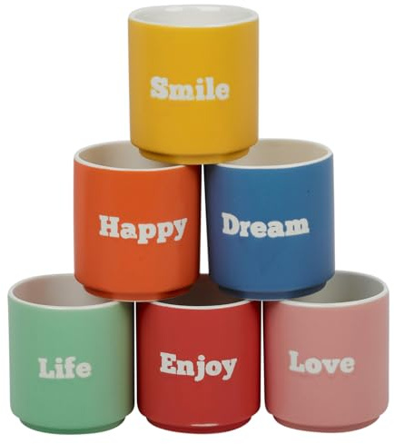 URBN-CHEF Set of 6 Large 180ml Assorted Colour Porcelain Tea & Coffee Mugs – Handless Cups with Positive Text, Dishwasher & Microwave Safe