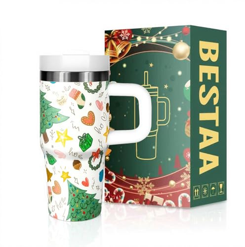 14oz/410ml Weihnachtsbecher für familie, Weihnachtsbecher mit Griff und Stroh für Geschenke isolierte Tasse - Weihnachtsbaum