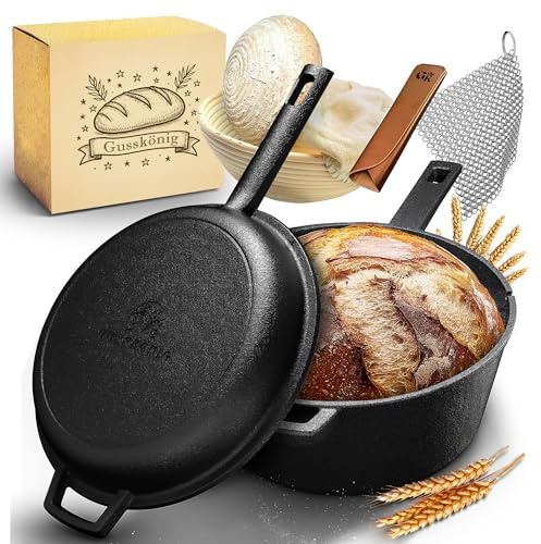 GUSSKÖNIG Gusseisen Topf Brot Backen mit Gärkörbchen – eingebrannte Brotbackform mit Deckel: 3L Topf & 1,5L Pfanne – Brottopf zum Backen – Brotbacktopf Set mit Rezeptbuch, Brotform - 30 Jahre Garantie