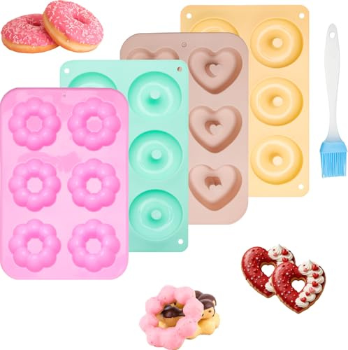 4 Stück Donuts Backform, 3 Farben Silikon Donut Backform Set mit Öl Pinsel