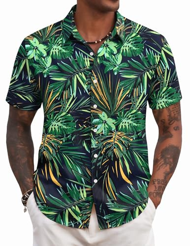 COOFANDY Chemise Homme Hawaienne Ete Plage Chemise Manches Courtes Chemises a Fleur Feuilles Vertes XL