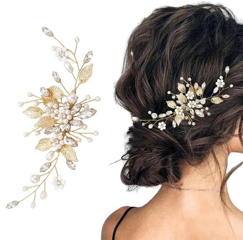 Peigne à Cheveux pour Mariée avec Fleurs et Perles, Or Bijoux Cheveux, Accessoire Cheveux Mariage, Fleurs de Mariage Feuilles Vignes De Cheveux pour Femme et Fille