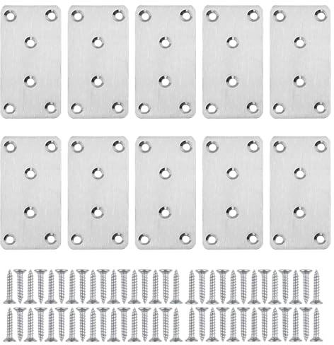 Flat Brackets with Screws for Wood Stainless Steel 10Pcs, Silver | 80 x 40 x 1.75mm, Heavy Duty Sleeper Bracket, Mending Plates, Repair Connector Brackets, for Wood Fixing
