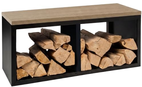 osoltus Brennholzregal Brennholzlager mit Bank 102cm x 35cm x 40cm indoor & outdoor Metall schwarz // holzoptik hochwertig | 2 Fächer