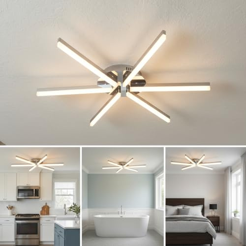 Trango 6 Flammen Sternförmig modern Design LED-Deckenleuchte 3154 Serie *STRAIGHT* 3-Stufen dimmbar I Leuchtarmen schwenkbar I Deckenstrahler 6x 5 Watt LED Modul 3000K warm-weiß Nickel matt & Chrom