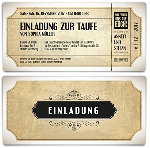 Kartenmachen.de Personalisierte Taufe Einladungskarten (ab 10 Stück) - Vintage Eintrittskarten in Weiß mit echtem Abriss - Taufeinladung Taufkarten