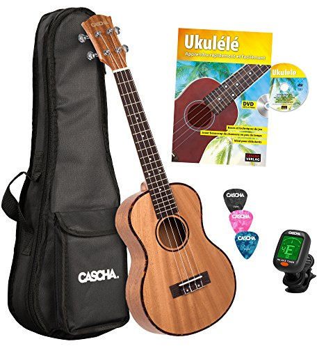 Cascha Tenor Ukulele Set I Ukulele Starter Kit mit 3 Plektren Tasche Stimmgerät & französischem Lehrbuch I Tenor Ukulele Mahagoni I Kleine Hawaii Gitarre für Anfänger & Fortgeschrittene