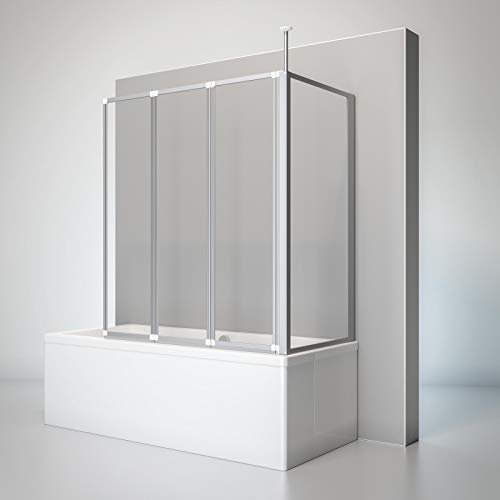 Schulte D1603 01 50 Duschwand für Badewanne Well mit Seitenwand, 129 x 140 x 75 cm, 3-teilig faltbar, 3 mm Sicherheitsglas Klar hell, alunatur, Duschabtrennung