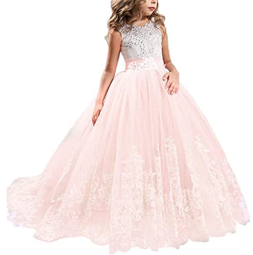 TTYAOVO Girls Flower Length Lace Princess Dress Girl Party Wedding Bridesmaid Dress Layered Puffy Tulle Dresses Size160 (12-13 Years) 406 Pink