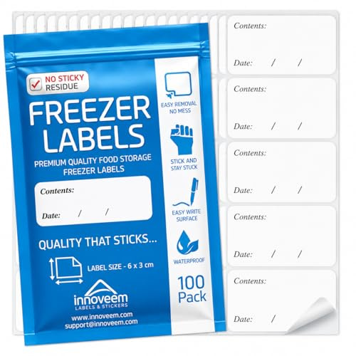 Innoveem Freezer Labels Easy Peel Off - Frozen Food Labels Stickers that Leave No Sticky Residue After Use - Perfectly Sized Reusable Fridge Labels (6 x 3cm) with Easy to Write Surface. [100 Pack]