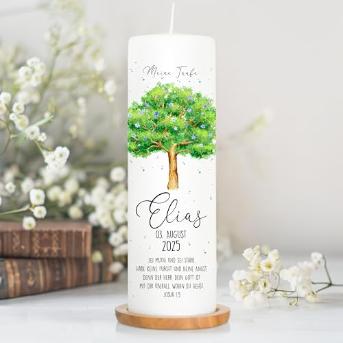 Wandtattoo Loft Taufkerze Junge Motiv Lebensbaum mit Blüten, 25cm x 8cm, personalisierte Kerze, bedruckte Kerze zur Taufe, Stumpenkerze, individuelles Taufgeschenk