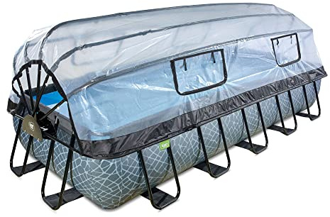 EXIT Toys Aufstellpool Rechteckig 540 x 250 x 100 cm mit Wärmepumpe – Mit Abdeckung, Sandfilterpumpe und Poolleiter – Rahmenpool für den Garten – TÜV, CE und EN 16582 – Stone – Grau