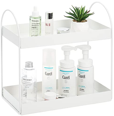 Hacaroa Badezimmer-Organizer mit Griff, 2 Etagen, Küchengewürzregal, Standregal, Metall, Kosmetik, Make-up, Aufbewahrungshalter, Schminktisch, Ständer für Schrank, unter der Spüle, Weiß