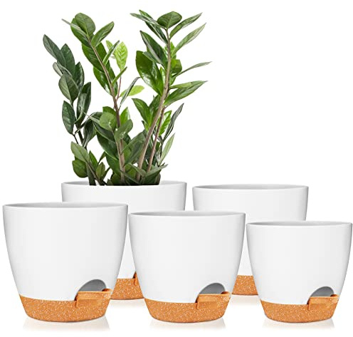 Pflanztöpfe 17.8/16.5/15.2/13.9/12.7cm GARDIFE Selbstbewässernde Pflanzgefäße mit Ablaufloch, Kunststoff-Blumentöpfe, Kinderzimmer-Blumentopf für alle Zimmerpflanzen, Sukkulenten, weiß