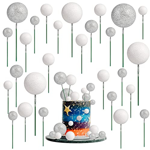 66pcs Balloon Cake Topper Glitter Foam Ball Cake Toppers Cupcake Toppers | Round DIY Cake Picks Insert Topper Baking Cake Decoration for Birthday Wedding Baby Shower Decor (Blue&White)