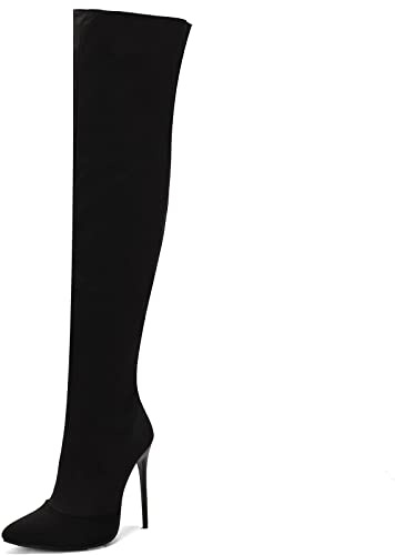 CUTEHEELS Sexiga overkknäkängor/överknästövlar med stilettos och spetsiga tåparti för kvinnor, svart, 38 EU