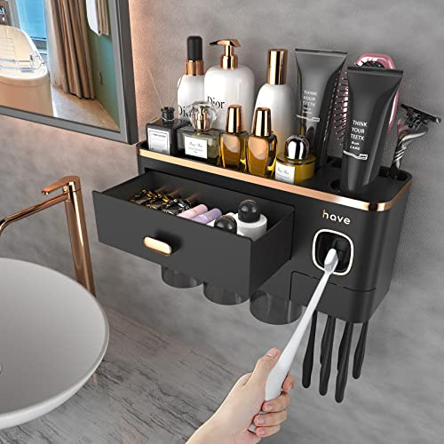iHave Zahnbürstenhalter Wand mit Zahnpastaspender & Schublade, Multi Toothbrush Holder für Elektrische Zahnbürsten, Große Halterung ohne Bohren, Badezimmer Organizer Set, inkl. 3 Becher, Schwarz Gold
