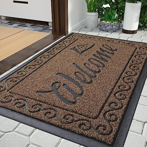 Yimobra Fußmatte Aussen, 92 x 61 cm, rutschfest, Wetterfest, Waschbar, Wellcome Schmutzfangmatte für Haustür & Eingangsbereich, Beige Braun