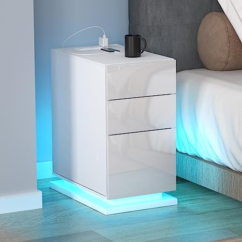 Lvhcmfohm Table de Chevet étroite avec Station de Charge et LED, Table de Nuit avec USB, Chevet de Lit avec 3 Tiroirs (Blanc, 30x50x63cm)