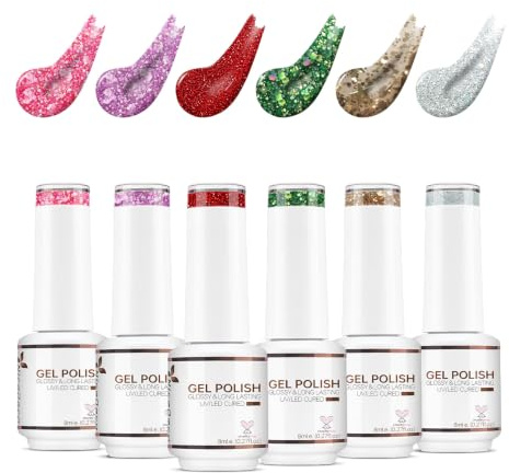 Nicedeco UV Gel Nagellack Set - 6 Farben Soak Off Glitzer Rosa Lila Rot Grün Gold Silber - 8ml LED UV Sparkle Glitter Nail Polish