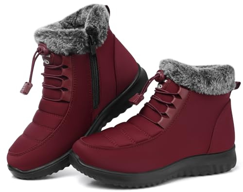 SHIBEVER Snow Boots for Women Winter: Fur Lined Warm Ankle Boots - Cold Weather Water Resistant Outdoor Zipper Snow Shoes Red Size 8