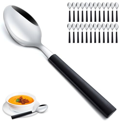 Funnydin 24 Stück Löffel Set, 7,36 Zoll, nur Löffel Besteck, einzigartiger schwarzer Griff, spülmaschinenfest, Tafellöffel, Esslöffel für Haus und Restaurant