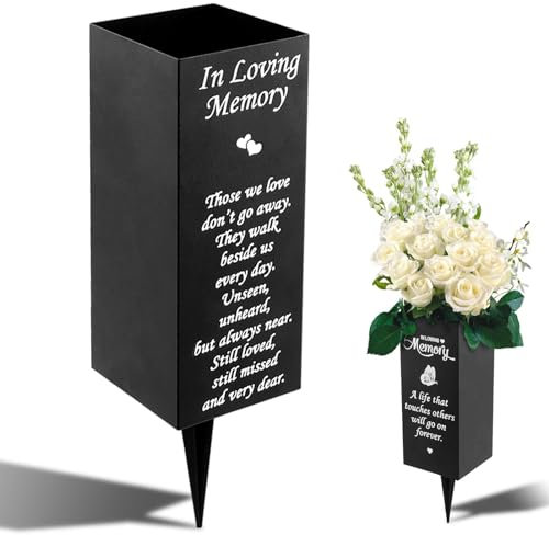 Metal Cemetery Vases, Elegant Lawn Grave Memorial Vase with Spikes Metal Funeral Flower Holder in Loving Memory Sign Flower Holder for Cemetery Vase Grave Decorations(Black)