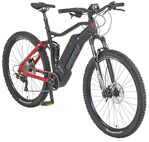 PROPHETE e9000 Graveler E-MTB 27,5 – 250W Mittelmotor, 180 km Reichweite, 10-Gang, AEG TFT Display, Rockshox Federgabel, Hydraulische Scheibenbremsen, Continental Trail King II, Schwarz Matt/Rot