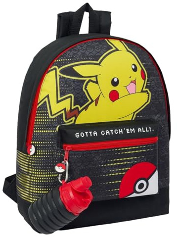 Pokémon Pikachu Catch 'Em All Roxy - Mochila con botella de agua plegable, licencia oficial, 39 x 31 x 12 cm, poliéster duradero, correas acolchadas ajustables, hidratación sobre la marcha, para
